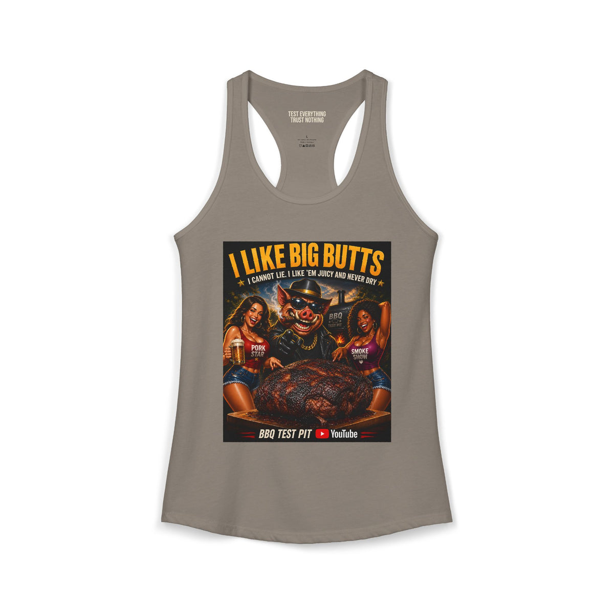 BBQ Test Pit I Like Big Butts women's racerback mockup