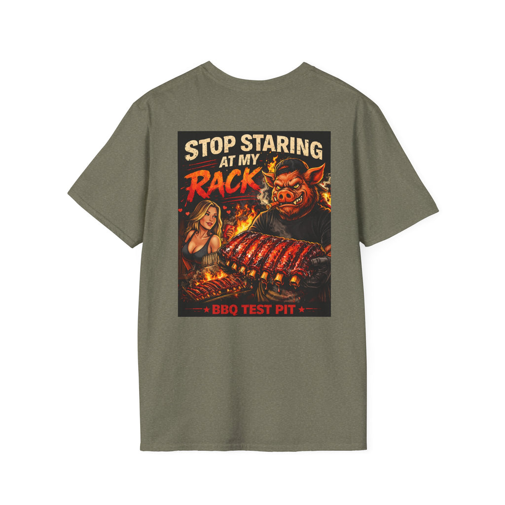 BBQ Test Pit Stop Staring At My Rack soft tee mockup