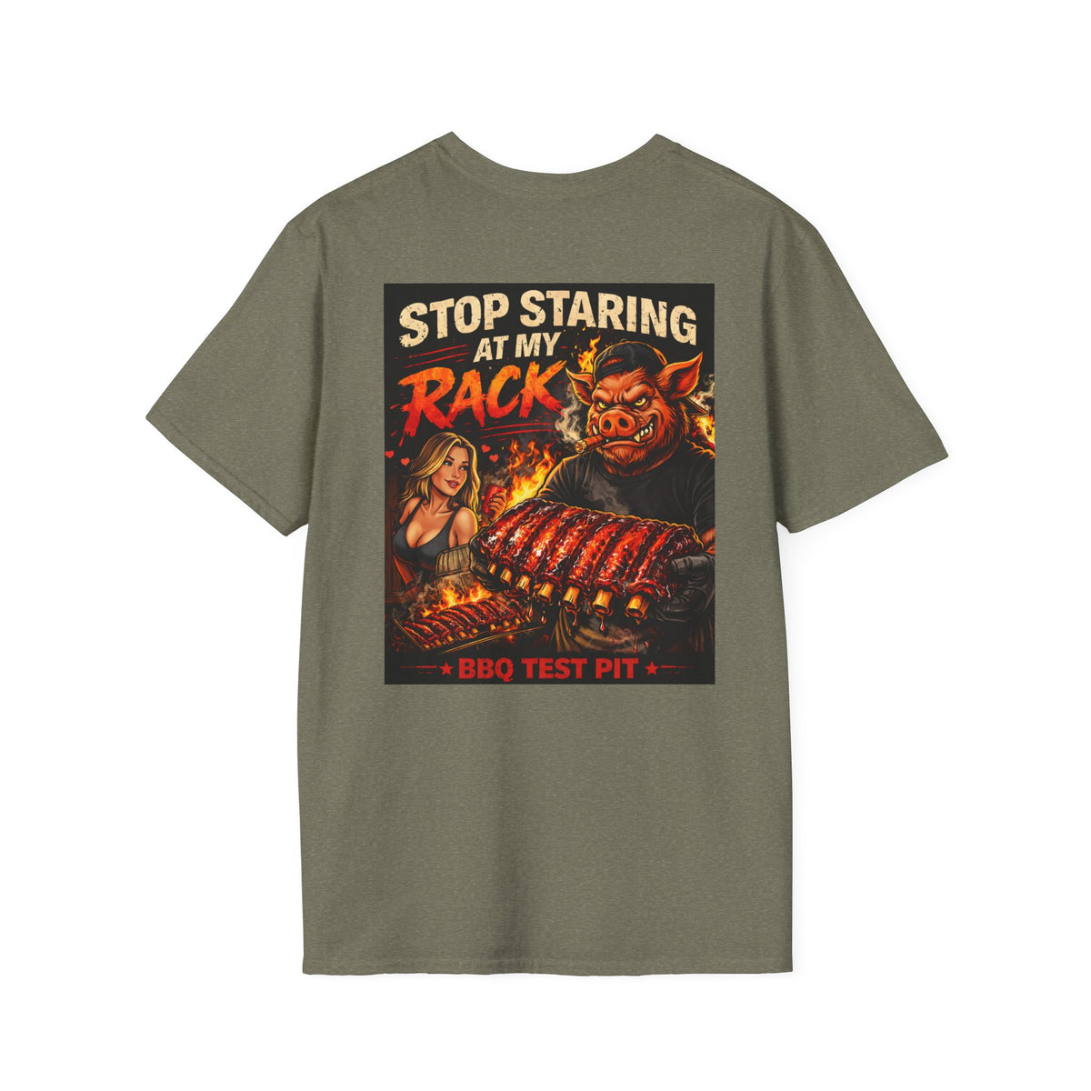 BBQ Test Pit Stop Staring At My Rack soft tee mockup