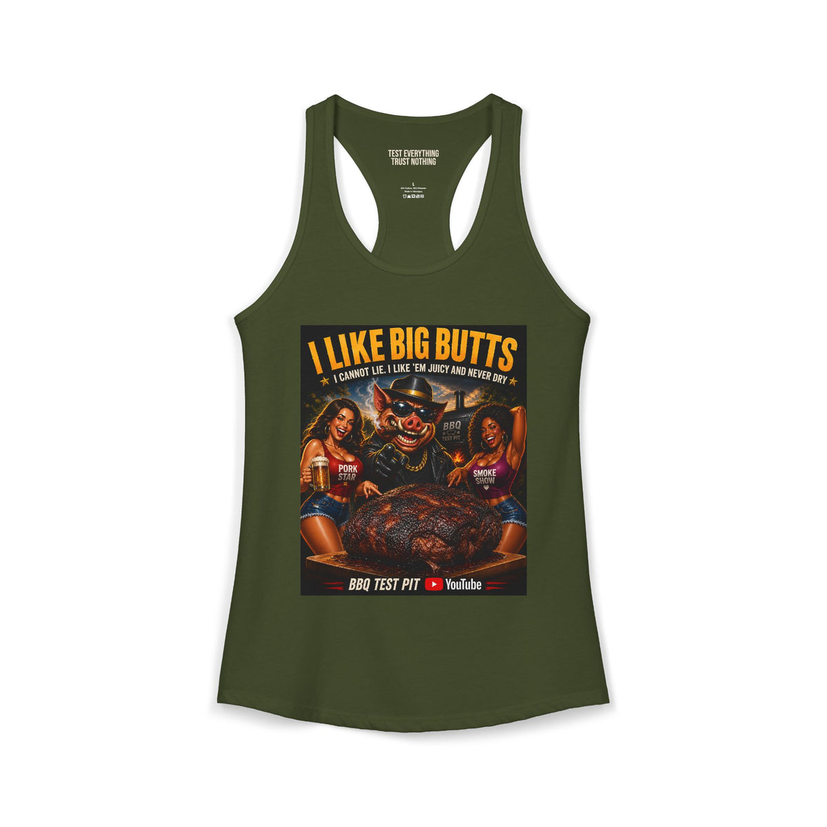 BBQ Test Pit I Like Big Butts women's racerback mockup