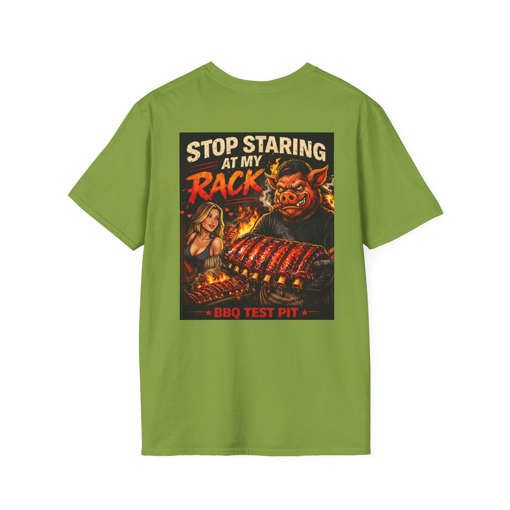 BBQ Test Pit Stop Staring At My Rack soft tee mockup