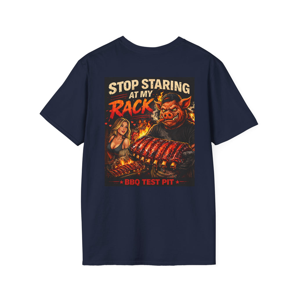 BBQ Test Pit Stop Staring At My Rack soft tee mockup