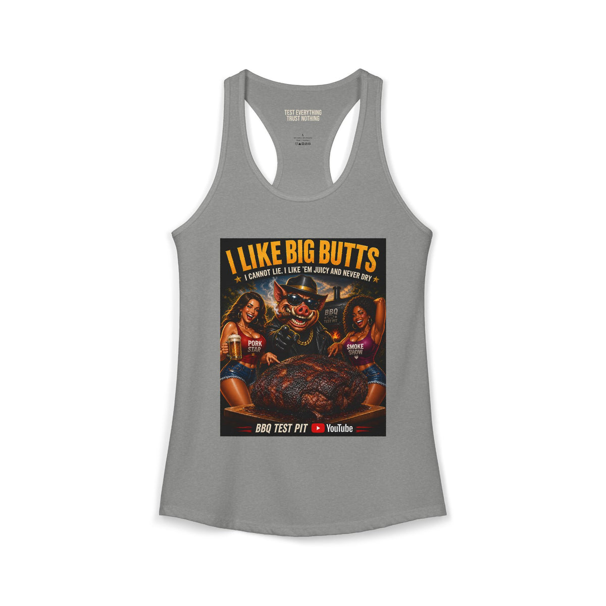 BBQ Test Pit I Like Big Butts women's racerback mockup