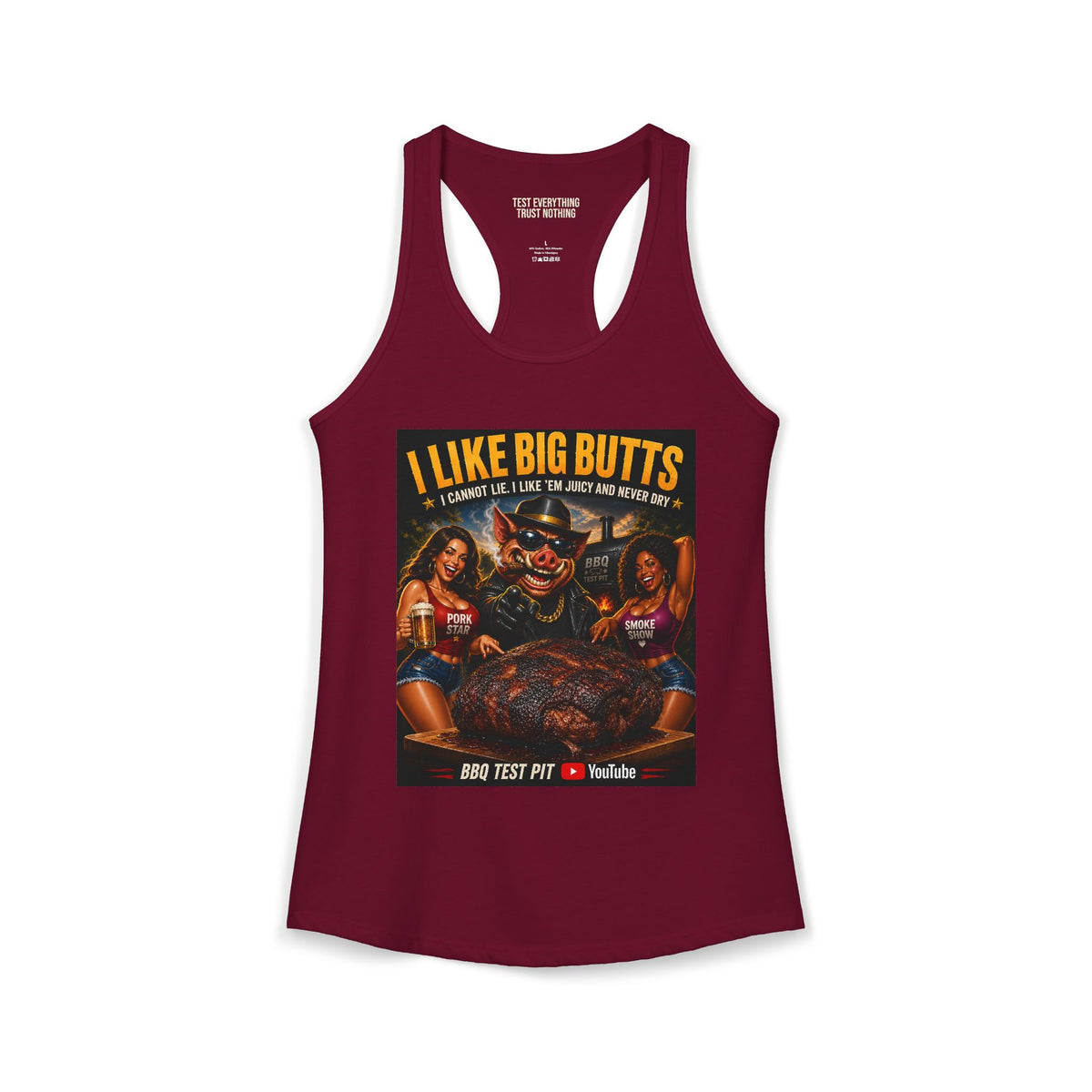 BBQ Test Pit I Like Big Butts women's racerback mockup