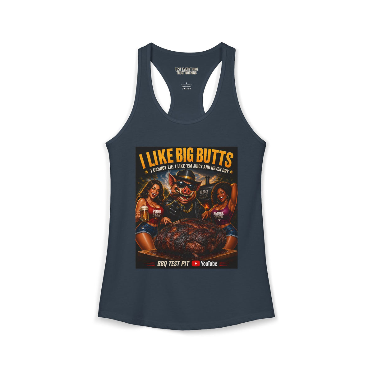 BBQ Test Pit I Like Big Butts women's racerback mockup