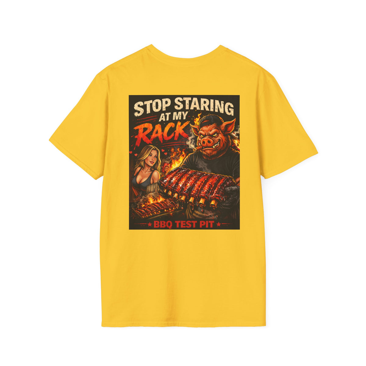 BBQ Test Pit Stop Staring At My Rack soft tee mockup