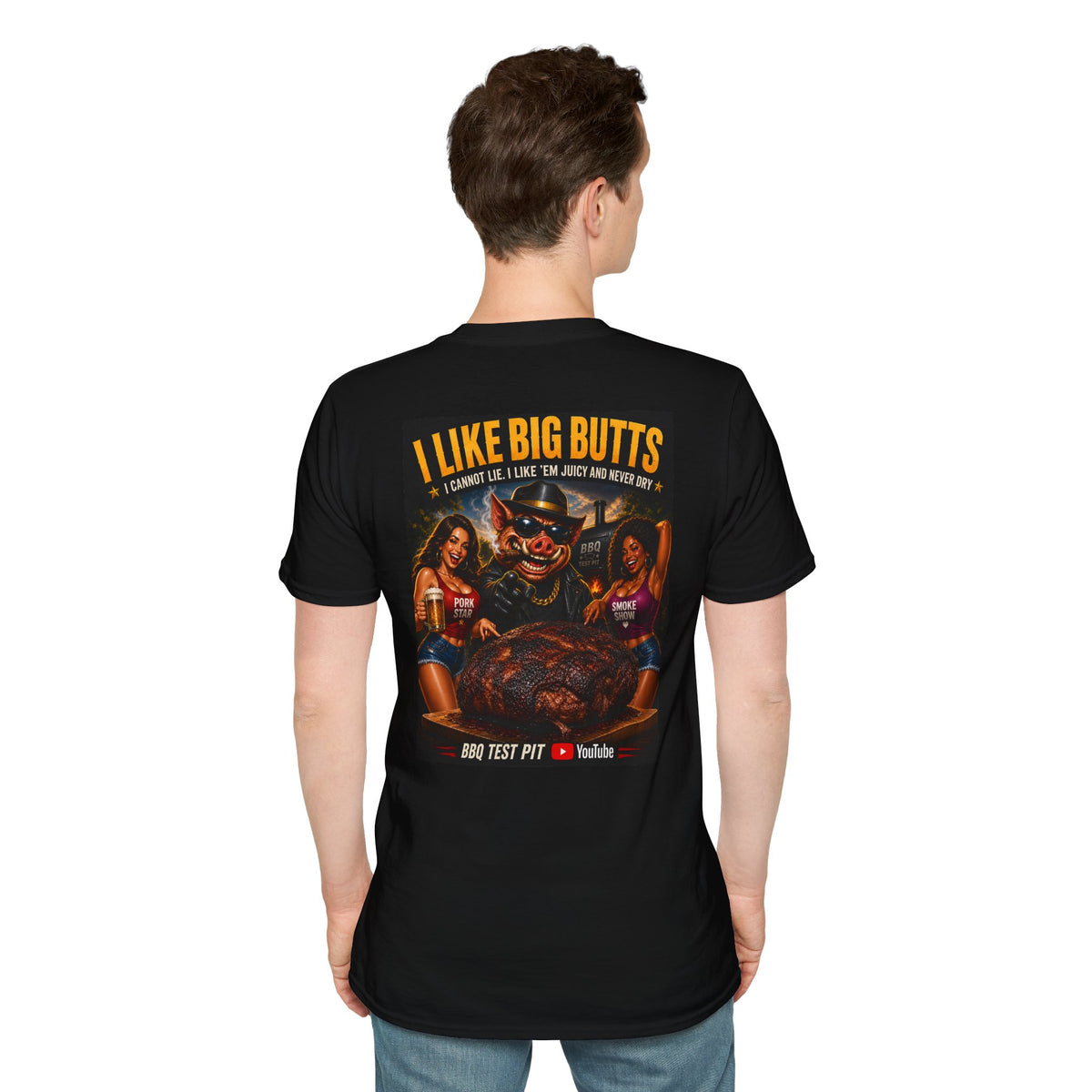BBQ Test Pit I Like Big Butts soft tee mockup