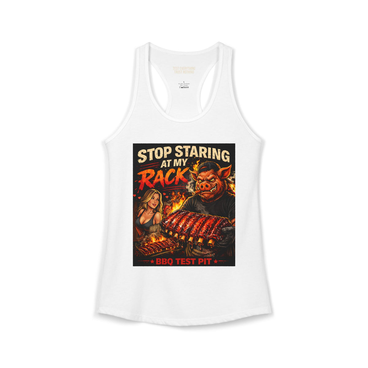 BBQ Test Pit Stop Staring At My Rack women's tank mockup