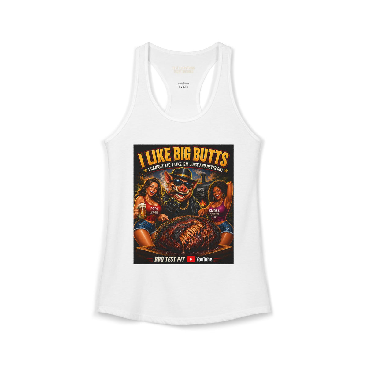 BBQ Test Pit I Like Big Butts women's racerback mockup